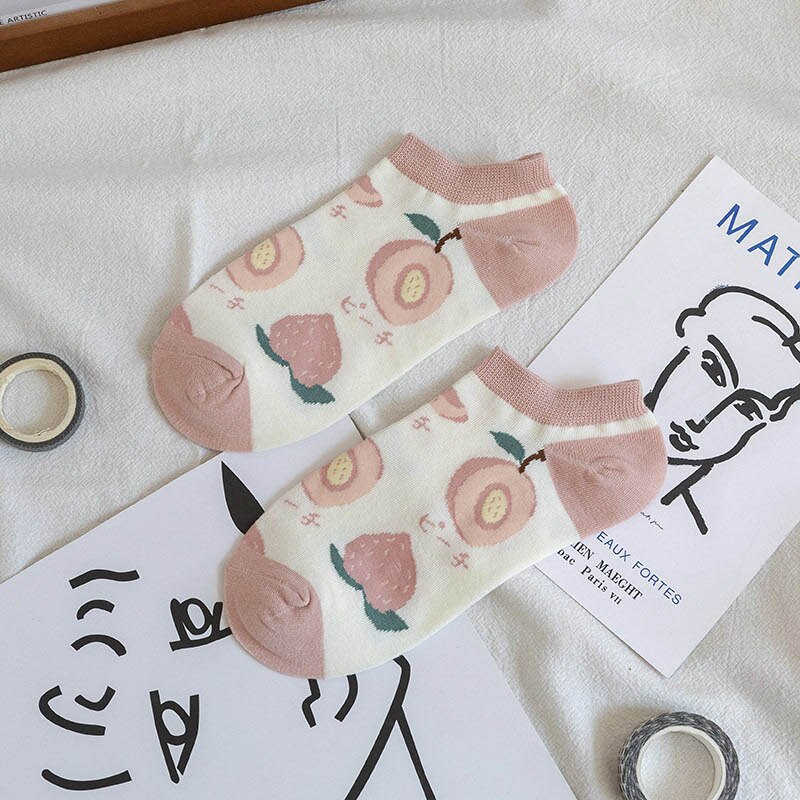 Japansk harajuku søte morsomme sokker kvinner kawaii banan vannmelon jordbær avokado mannskap sokker nyhet bomull ankel sox: Rosa sokker