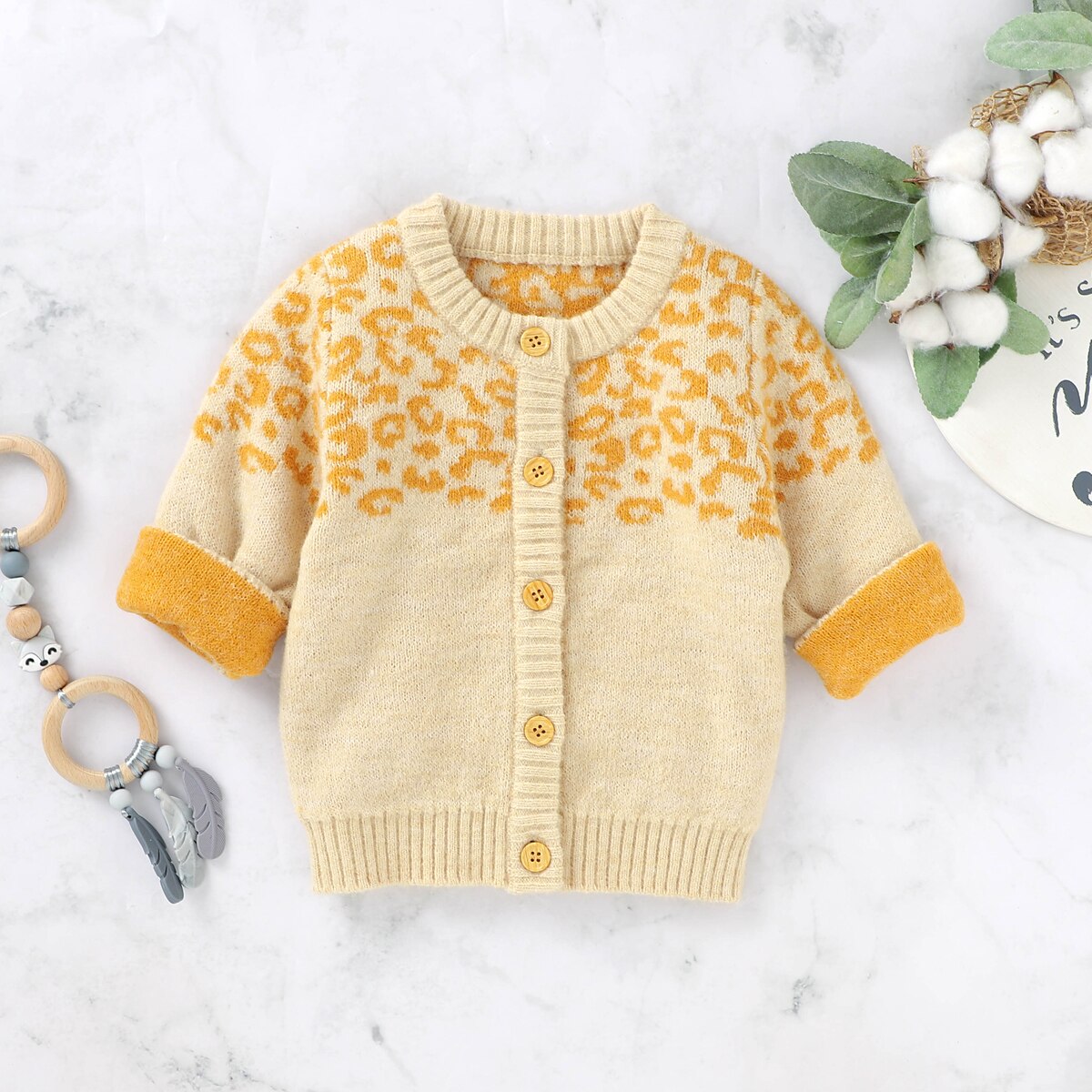 Autumn Winter Warm Toddler Baby Cardigan Coats Leopard Print Sweater Long Sleeve Button-up Knitted Baby Girls Boys Tops