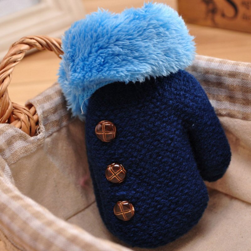 Knitted Full Finger Winter Gloves Kids Wool Warm Boys Children's Mittens Solid Color Rope Glove Girls Button Decoration: Dark blue