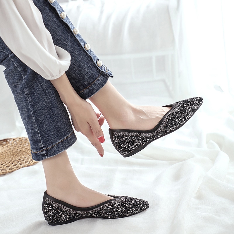 Rhinestone Bling Shoes Women Flats Pointed toe Ladies Casual Shoes Slip on Comfortable Woman Boat Shoes Big Size A1655