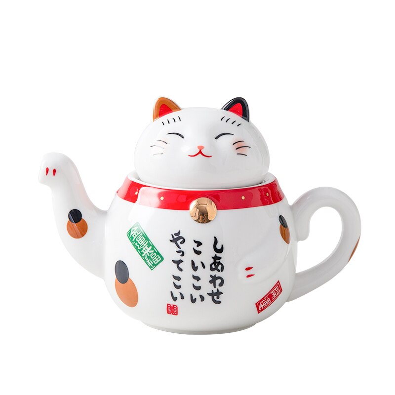 Cute Lucky Cat Porcelain Tea Set Cartoon Ceramic Tea Cup Pot with Strainer Lovely Plutus Cat Teapot Mug Teaware: 1pot