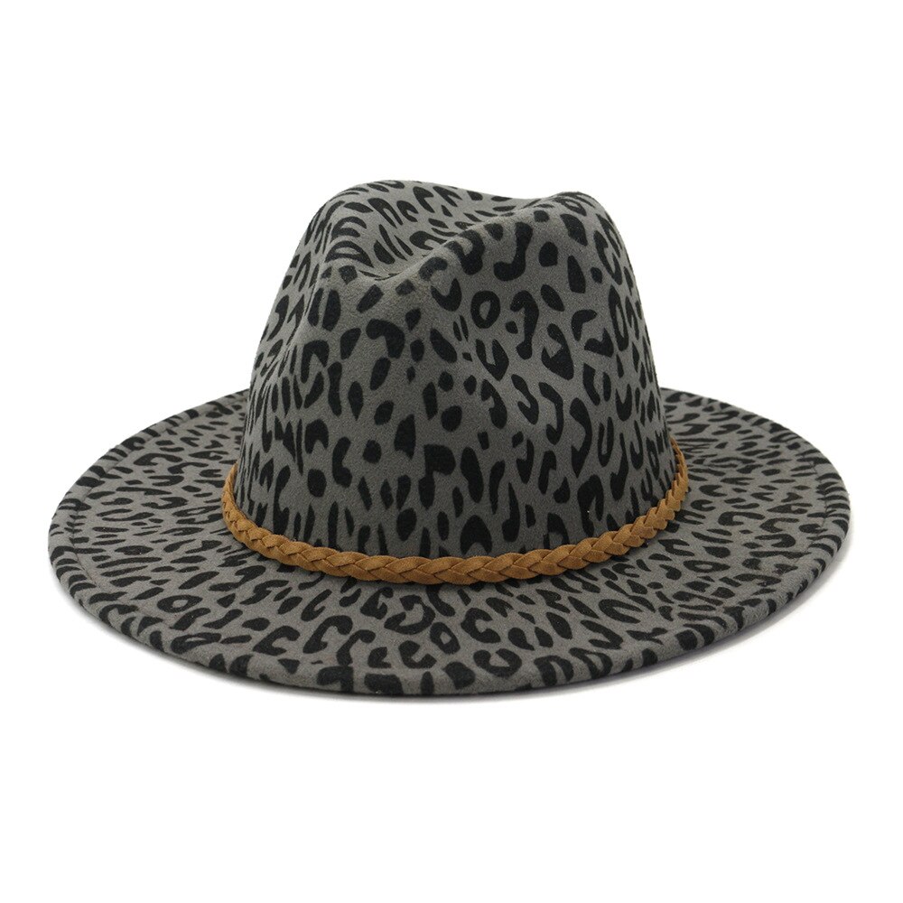 Fs dames vintage brede rand vilt fedora hoeden luipaardprint heren wollen panama jazz pet khaki legergroen wijnrood beige grijze hoed: Grijs