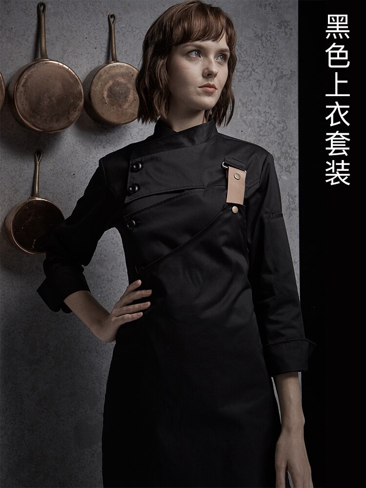Langermet kvinner kokk uniform fransk restaurant kvinnelig baker uniform: Svart / S
