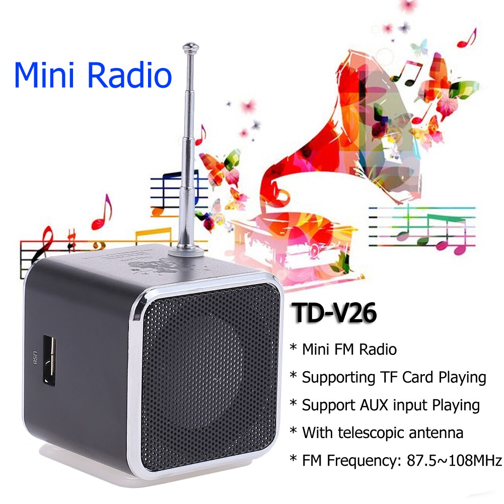 Mini FM Radio TD-V26 Bærbar - 1.0" LCD Skærm - Bluetooth 5.0 - Genopladeligt Batteri - VKTECH