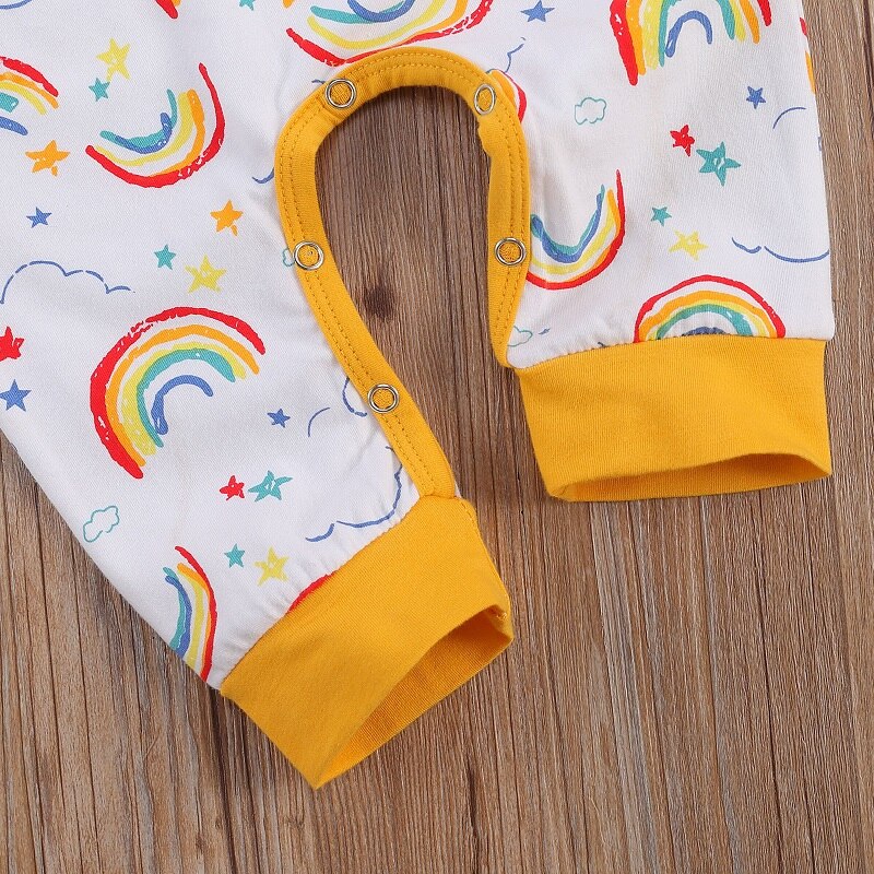 3-24M Cute Newborn Baby Boy Girl Long Sleeve Rainbow Print Hooded Romper Jumpsuit Outfits Baby Clothes