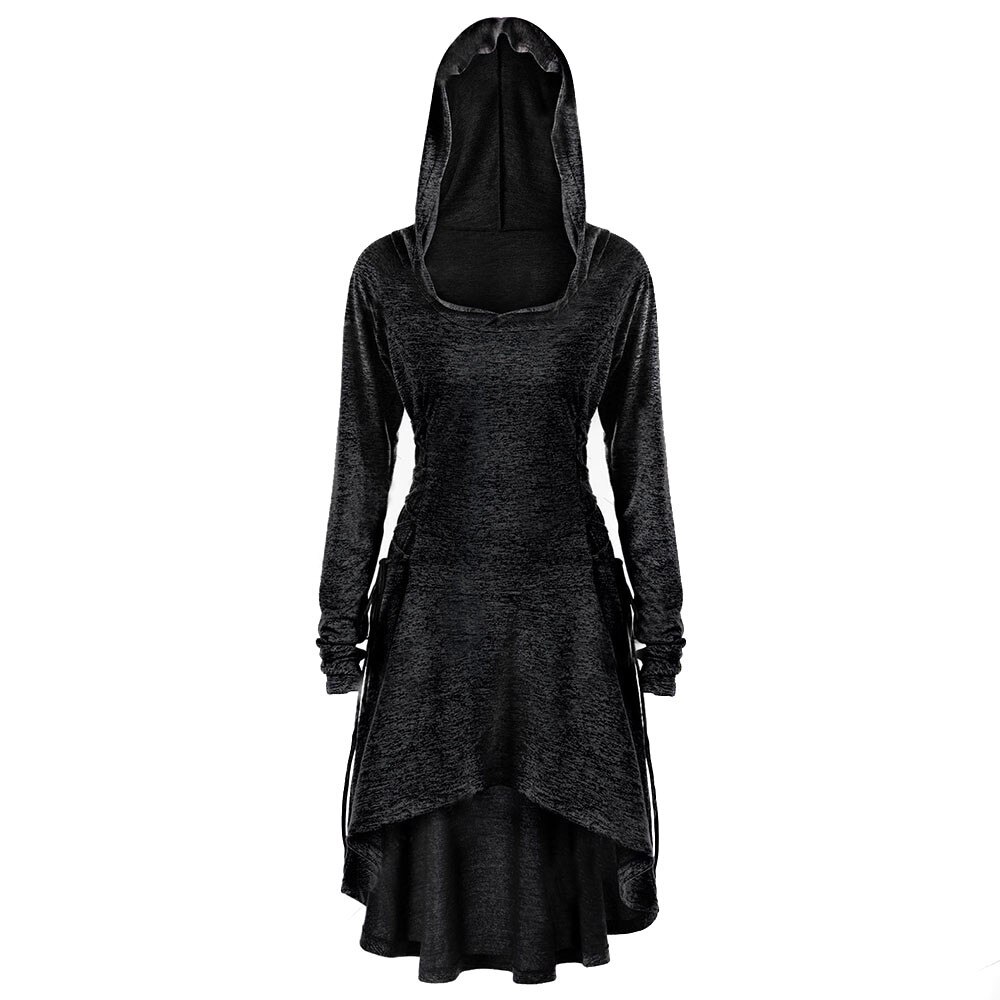 Women's Hooded Dress - Long Sleeve Side Bandage Casual Loose Irregular Hem: XL / Black