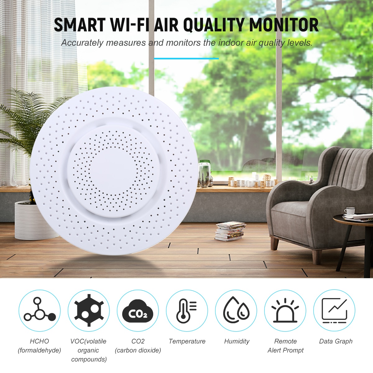 Smart Wi-Fi Air Monitor Indoor Air Meter Tester with App Alarm and Data Logger for Testing Formaldehyde VOC CO2