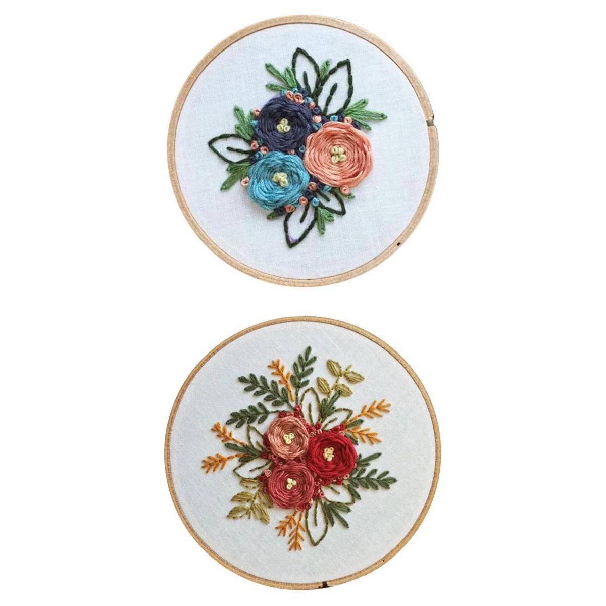 2x Flower Floral Pattern Embroidery Starter Kit Hoop Threads Needles Kit