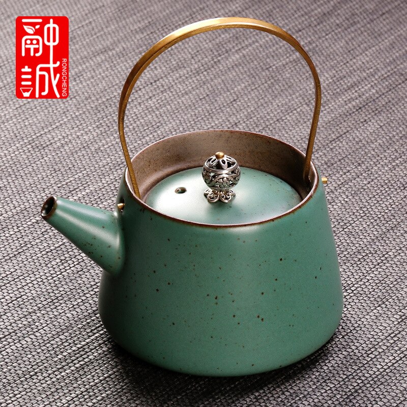 Vintage Tea Loop-handled Teapot Ceramic Retro Tea Making Device Household Copper Handles Single Teapot Tea Kettle Japanese Style: Antique Pottery  Teapot  T Beam Pot Malachite Green