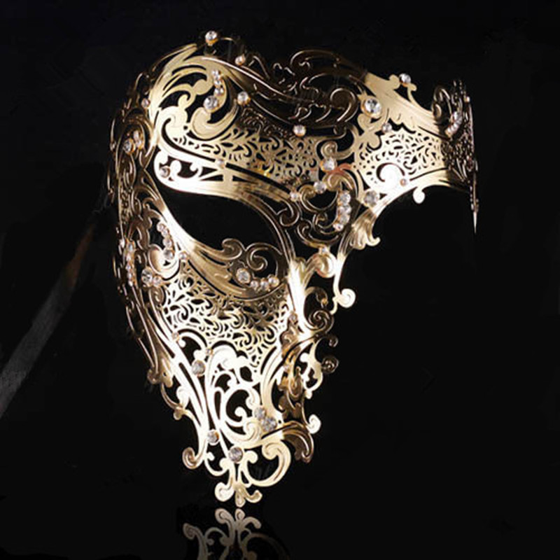 Zwarte Goud schedel Metalen Masker Halloween Rhinestone Half Gezicht Venetiaans Mannen Witte Vrouwen Schedel Filigraan Party Masker DA