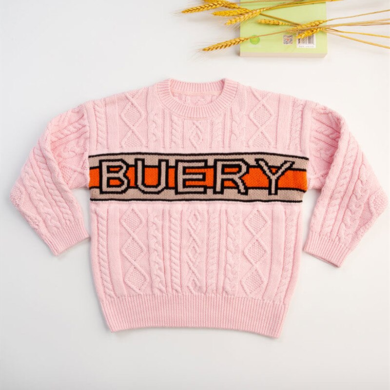 Wintertrui voor meisjes en jongens, wollen gebreide top, thermokleding voor kinderen, klassieke ronde hals trui met letters.: Roze / 3t 100cm