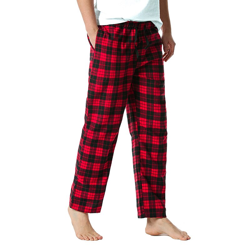 Red Black Plaid Pajama Pants Men Lounging Relaxed House PJs Sleep Bottoms Mens Flannel Cotton Drawstring Button Fly Sleepwear