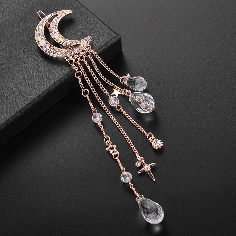 Moon Rhinestone Hair Clip - Crystal Tassel Chain Hairpin - Metal Pearl Hair Jewelry Accessory: Rose Gold Color