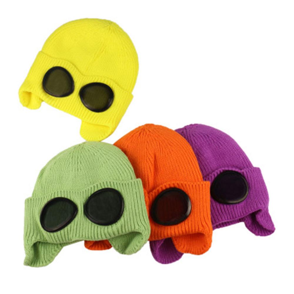 1PC Bunte Winter warm Mütze mit Brille draussen-Sport Gestrickte Kappe Einfarbig Zubehör