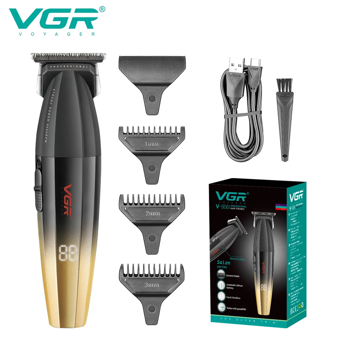 VGR tondeuse à cheveux professionnelle électrique Rechargeable tondeuse à cheveux barbe Kit de coupe de cheveux Machine de barbier tondeuse faciale pour hommes V-906: Black