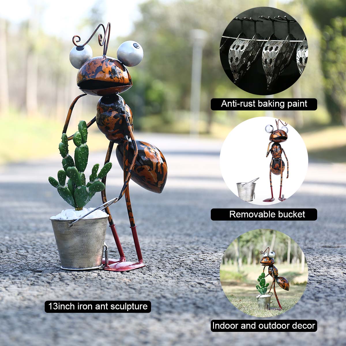 13inch Ant Sculpture Iron Cartoon Ant With Removable Bucket Garden or Desk Decor Succulent Flower Pot Trinket Storage