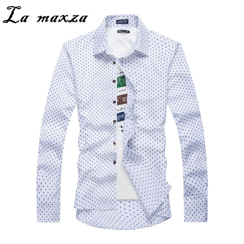 Causal Mens Polka Dot Print Shirt Long Sleeves Spring Shirts Shirt: White / M