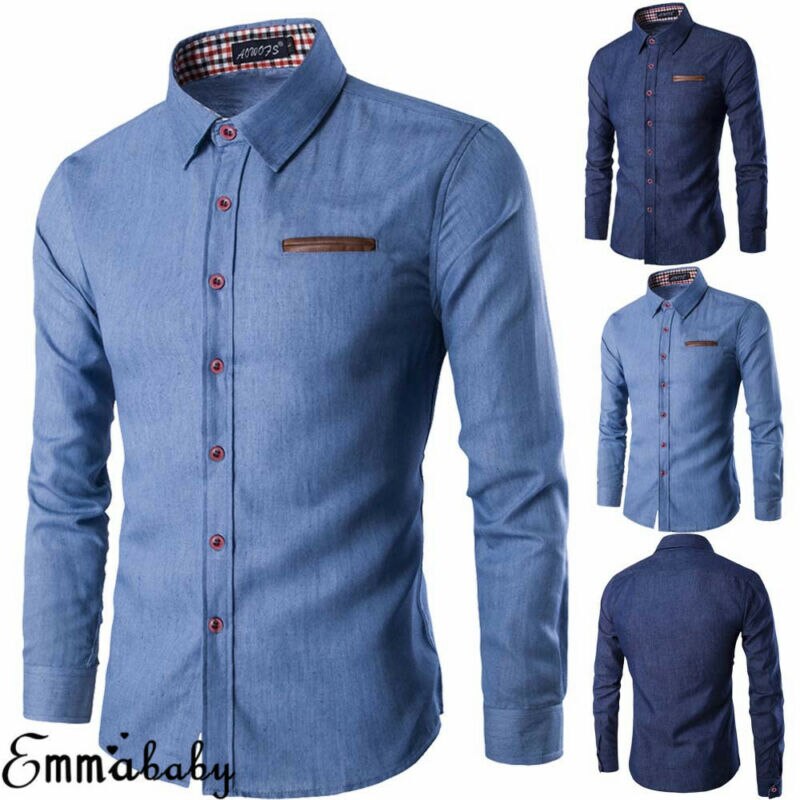 Märke män casual slim fit snygg tvätt denim långärmade jeansskjortor smart casual herrkläder m-xxxl