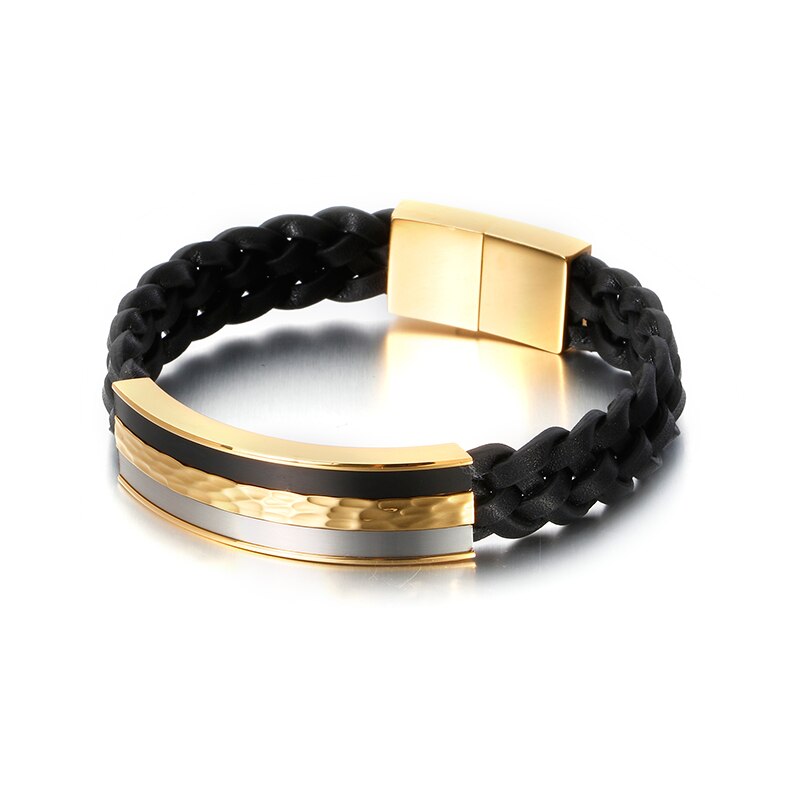Men's Leather Bracelet - Gold & Silver Tone Stainless Steel Band - Punk Street Style Geometric Jewelry