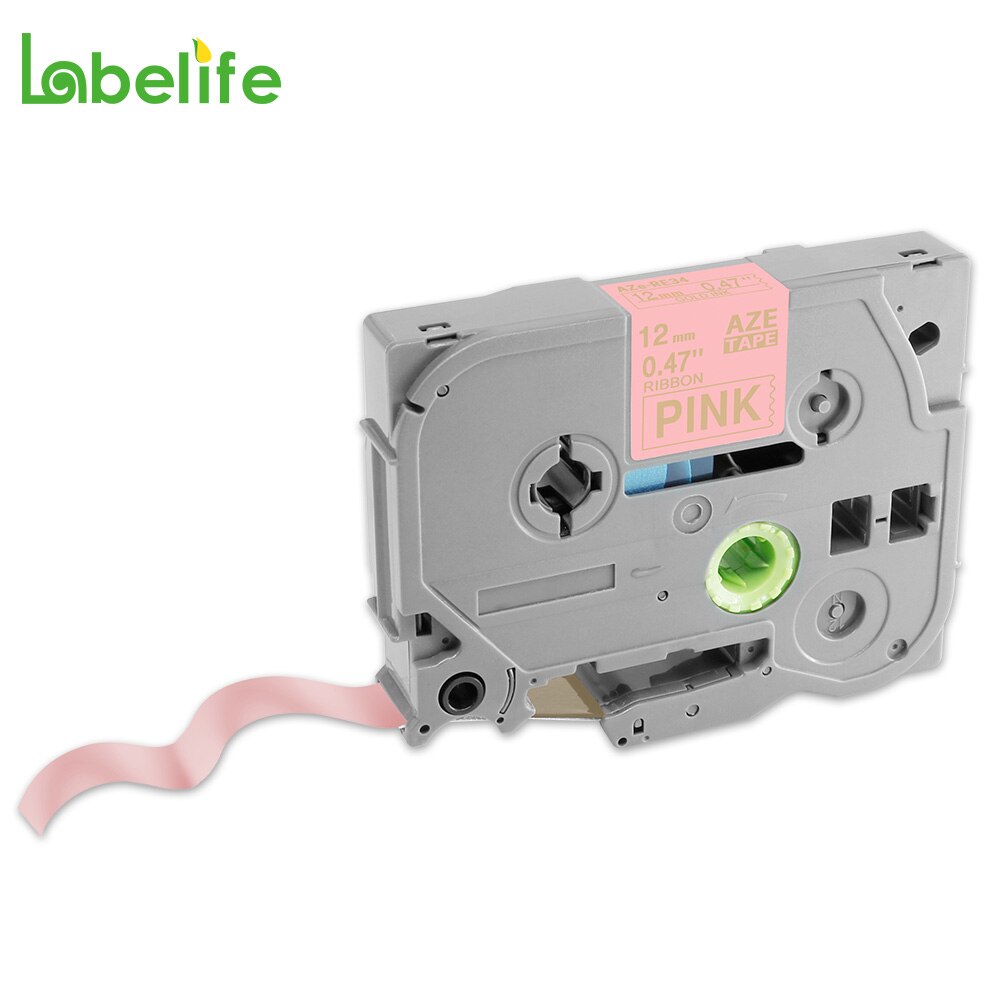 Cinta de satén Compatible con Brother, 12mm, PTD200, PTD450, PTH110, PTH, 710BT, TZe-R231, TZe-RN34, TZe-R234, 5 TZe-RE31: Gold on Pink RE34