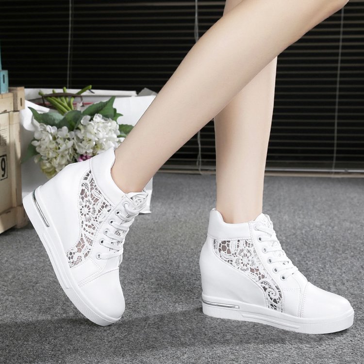 Women Wedge Platform Sneakers Rubber Brogue Leather High heels Lace Up Shoes Pointed Toe Height Increasing Creepers lace high: white / 40
