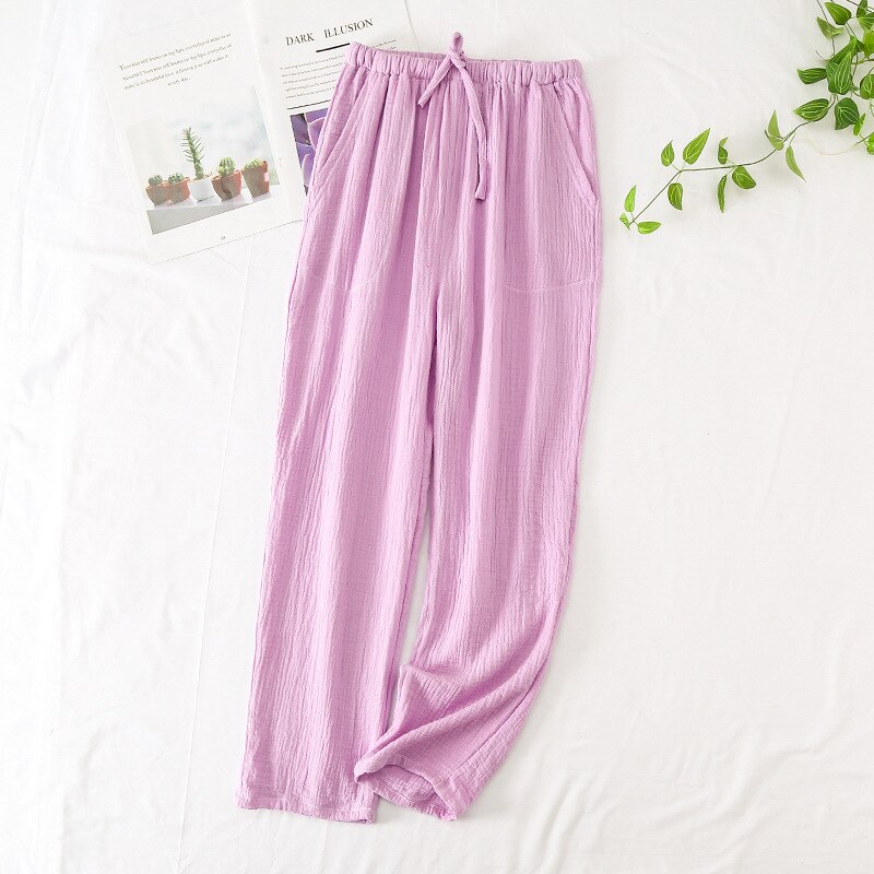 Japanese 100% Crepe Cotton Loose Casual Trousers Solid Color Pants Women's Spring And Summer Double Gauze Home Pants: pink / M