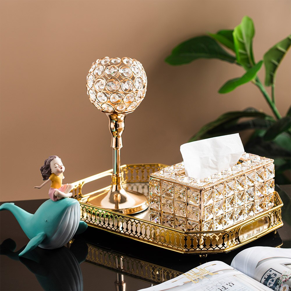 Luxury Crystal Glass Tissue Box Metal Decoration Nordic Home Decor Paper Rack Napkin Holder Candle Holder Makeup Organizer Box
