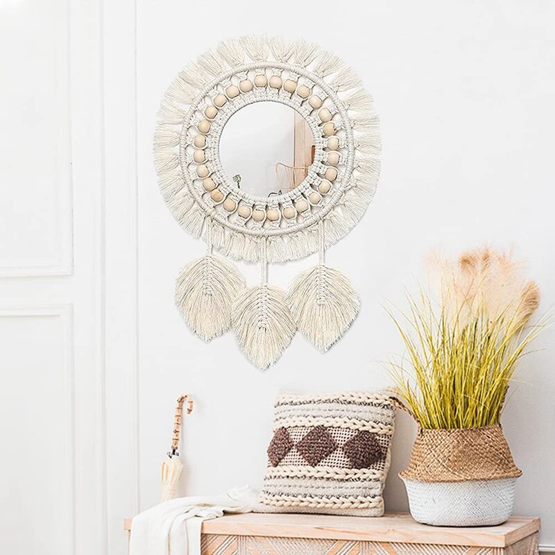 Round Macrame Mirror Wall Hanging Boho Home Decor Decorative Wall Mirrors For Living Room Bedroom Baby Nursery Decor: Brown