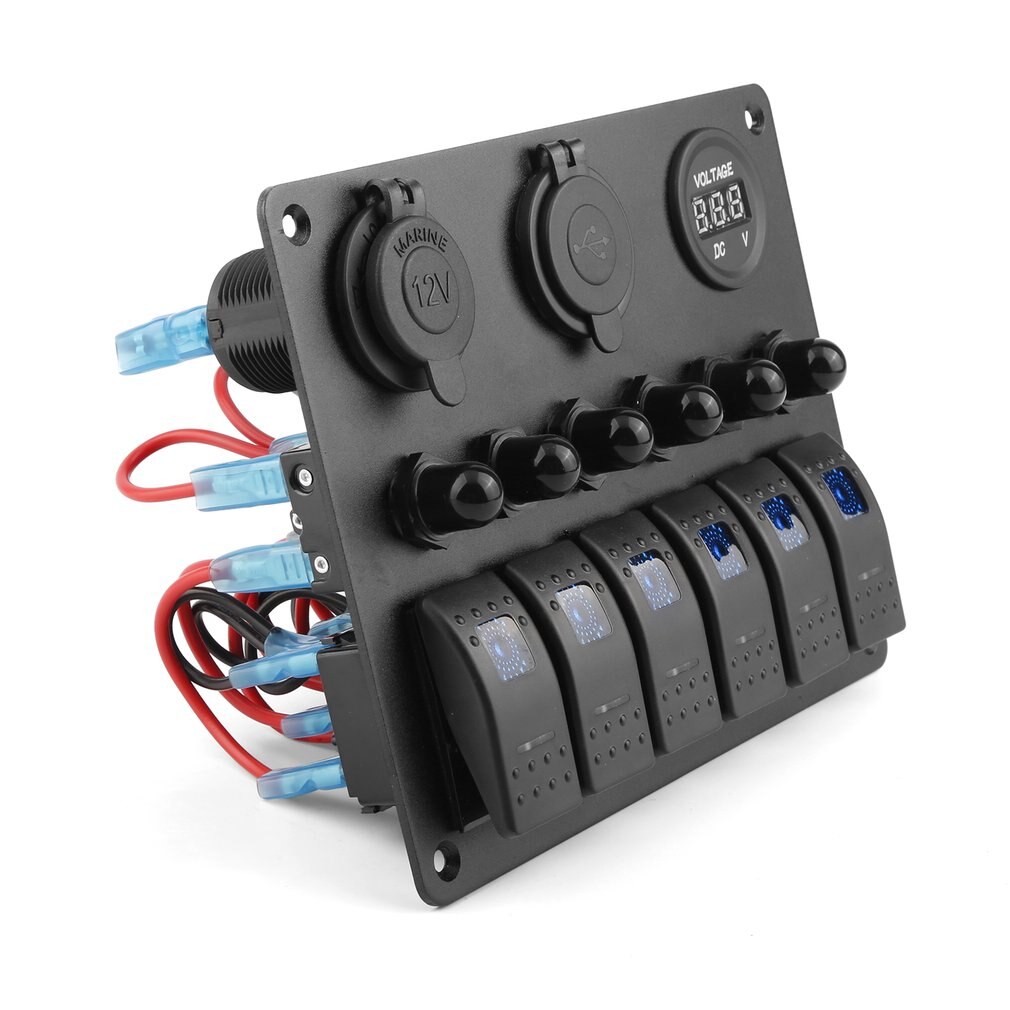 Panel de interruptor de palanca de 6 canales a prueba de agua plano DC, interruptor LED para barco marino de coche, Panel voltímetro de aluminio