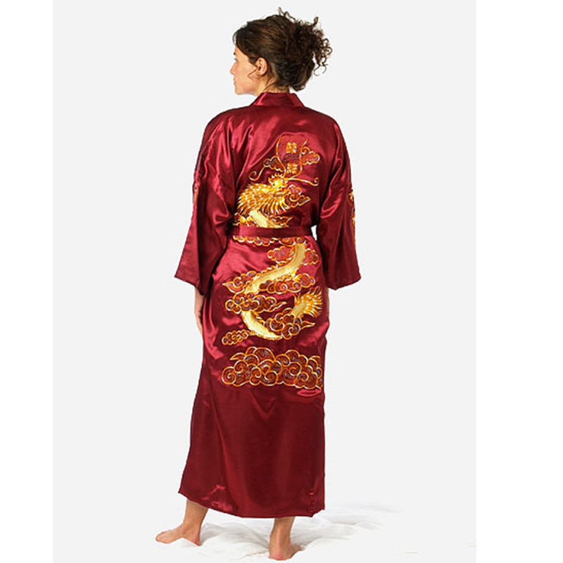 Marineblaue chinesische Herren-Kleid aus Satin- und Seide, Stickerei, Kimono-Badekleid, Drachengröße S, M, L, XL, XXL, XXXL, S0008