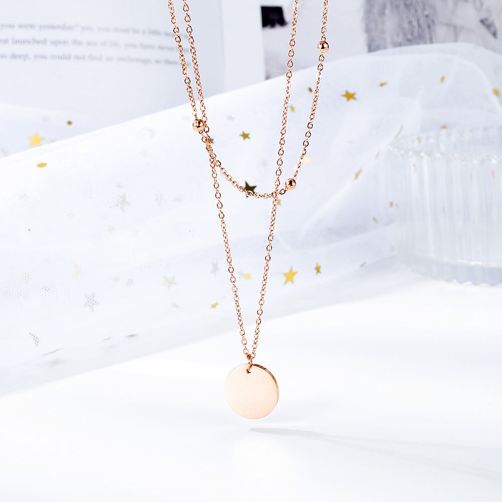 Lokaer-collar de acero inoxidable de doble capa para mujer y niña, cadena redonda con Cuentas pequeñas, colgante redondo brillante, collar de clavícula para mujer y Niña N17092
