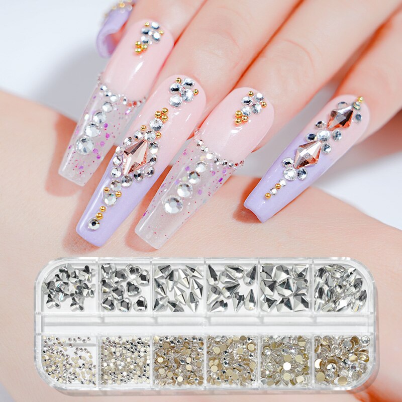 12 gördar blandade storlekar klein blå diamanter nagel strass 3d nail art dekor flatback glänsande kristall 3d glitter ädelstenar strass 1 låda