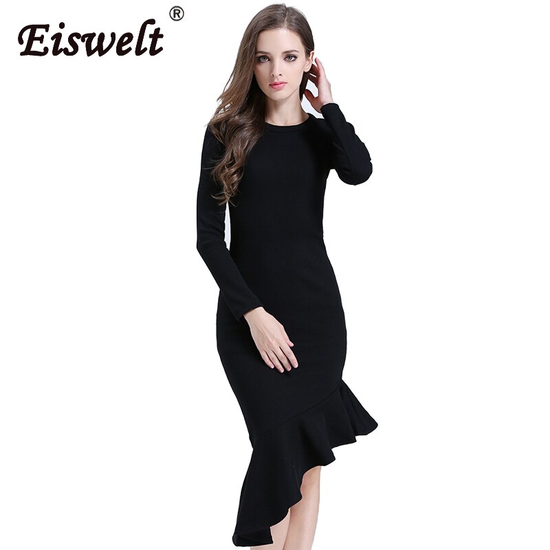 Gebreide Katoenen Rode Elegante Bodycon Jurk Vrouwen Tiered Ruffle leuke Lange Mouwen Jurk Herfst O Hals Sexy Midi jurk: Zwart / L