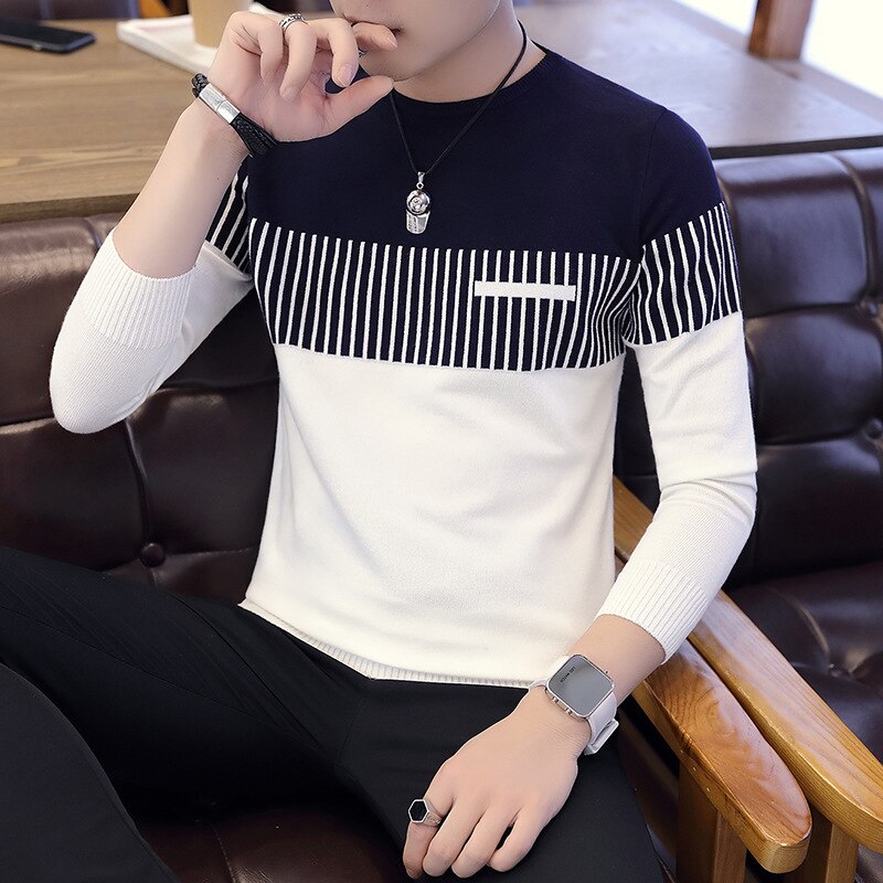 Mænd afslappet bomuldstrøje patchwork o-hals langærmet slim fit pullover efterår vinter strikket tøj dropshopping