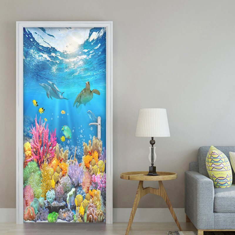 Door Sticker Self Adhesive HD Deep Ocean Fish Wallpaper Diy Prints Pictures Wall Art Home Decor 3D Mural Bathroom Door Decal