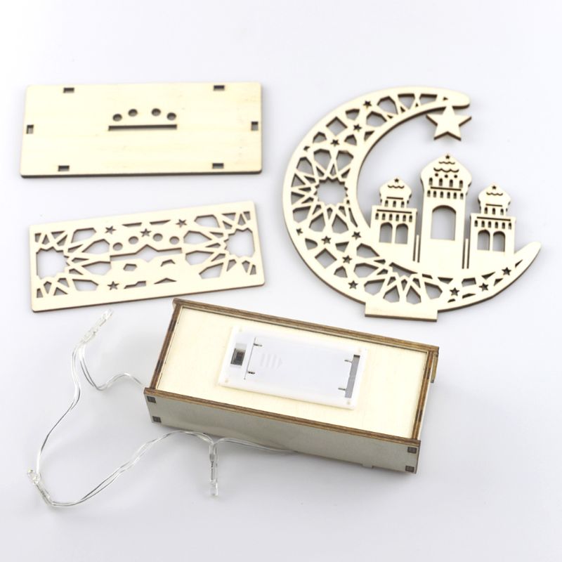 Ramadan Eid Mubarak Home Decoratie Maan Kasteel Led Licht Houten Ornament Diy