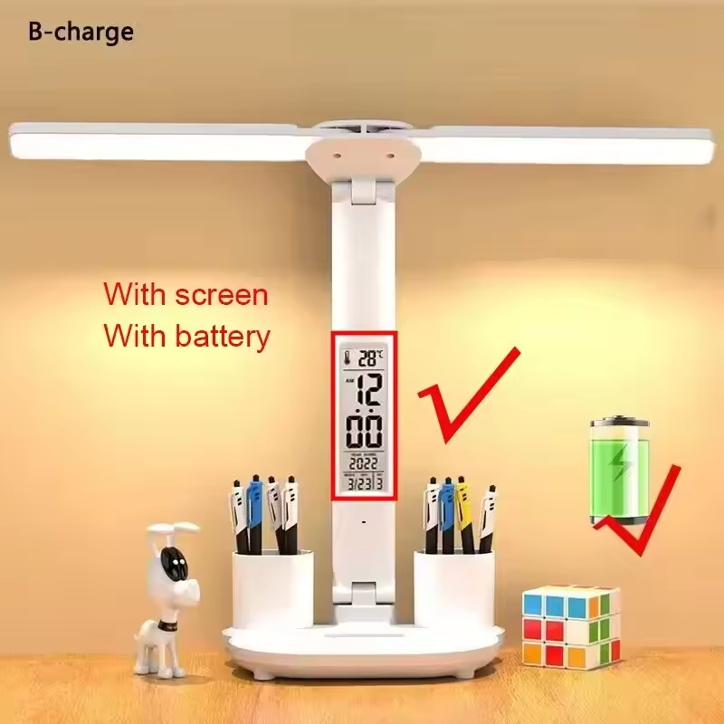 LED-Tischlampe, doppelköpfig, über USB aufladbar, dimmbar, Schreibtischlampe mit Kalender, Uhr, faltbar, Augenschutz, Lese-Nachtlicht: veränderbar