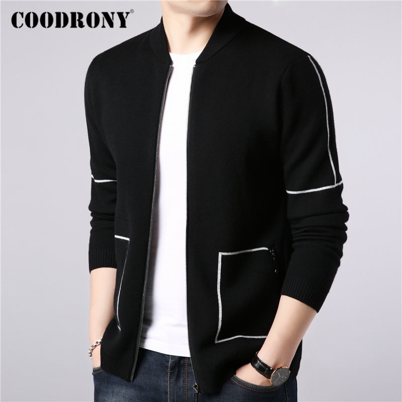 COODRONY Brand Sweater Coat Men Autumn Winter Thick Warm Wool Cardigan Men Streetwear Striped Zipper Coats Pockets 91091