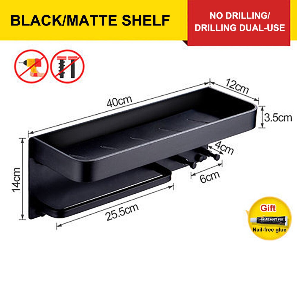 Wall Mount Shower Caddy Holder Bathroom Rack Towel Rail Self Adhesive Bathroom Storage Shelf Kitchen Organizer Rack Wall Shelf: 40cm Black
