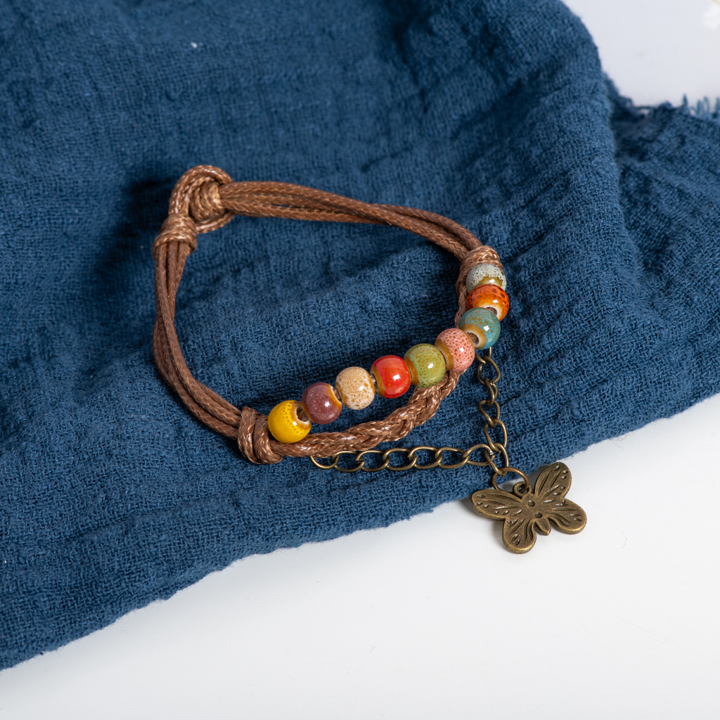 Pulsera de cerámica de trébol de cuatro hojas de la suerte, cordón de cera hecho a mano con cuentas craqueladas, opciones azules y verdes, Vintage para mujer