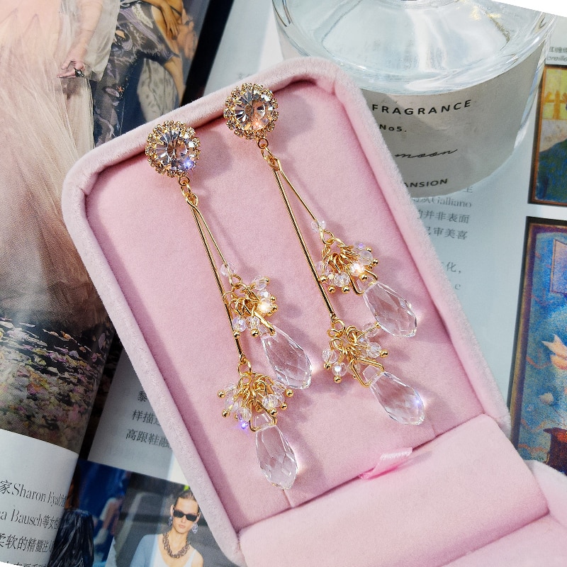 Crystal Trendy Water Women Dangle Earrings Female Pendant Earrings Long Style Korean Jewelry