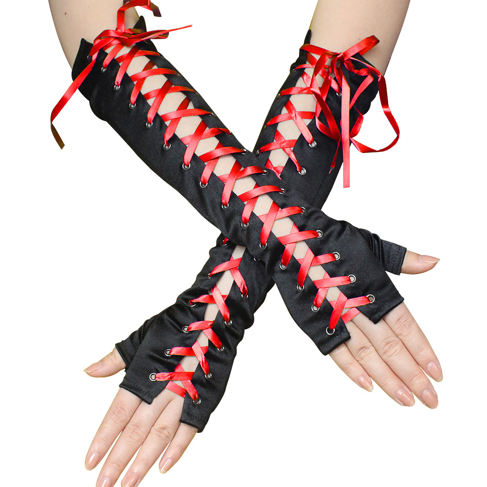 Kanten Handschoenen Sexy Kant Lange Handschoenen Winter Elleboog Lengte Half-Vinger Handschoenen Lint Vingerloze Visnet Mesh Ceremoniële Party Handschoenen: Oranje
