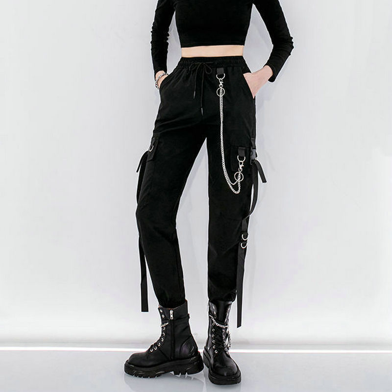 Harajuku sorte cargo bukser kvinder kæde brede ben hip hop streetwear kvinder bukser løse kvindelige baggy bukser mænd