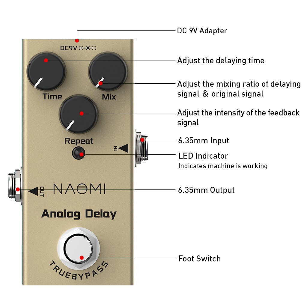 Naomi sähkökitara analoginen viive / miksaus / toiston nuppi efektipedaali  dc 9v true bypass mini single type