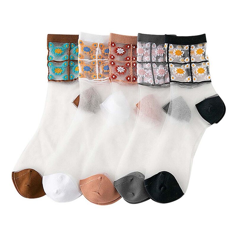 Small Daisy Retro Girl Sheer Socks Women Girl Crew Socks Japanese Black White Cute Sheer Mesh Lace Floral Sport Socks