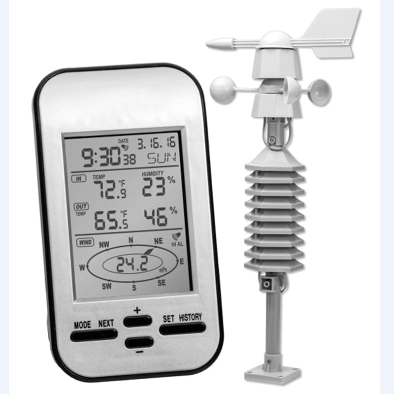 Wireless Anemometer Weather Station Clock LCD Wind Speed Direction Wind Chill Temperature Humidity Meter Dual Mount Wind Sensor