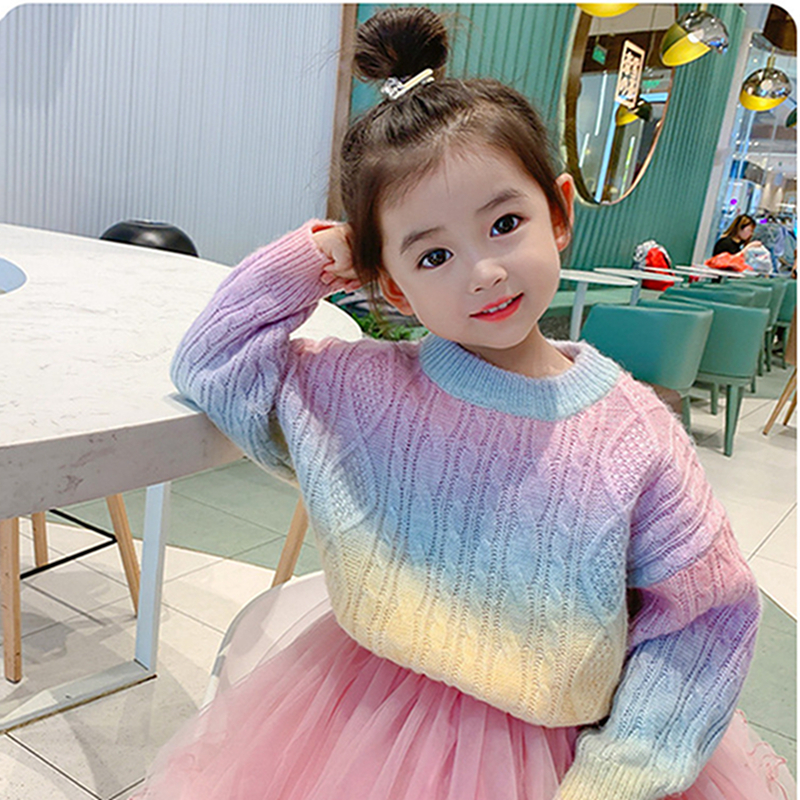 0-10Y Winter Fall Children Girl Sweater Cardigan Sweet Rainbow Gradient Twist Round Neck Long Sleeve Button Pullovers/Coats