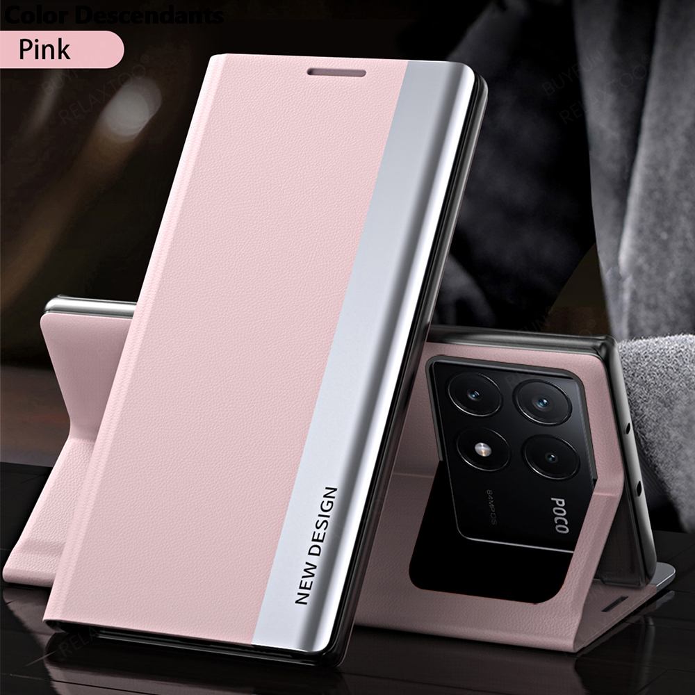 För poco  x6 pro 5g fodral i bokomslag, elektropläterat läder, flipfodral, pocox 6, poco little  x 6 x6 pro 6x, magnetiskt hållare, stativ: Magmuskler / Rosa