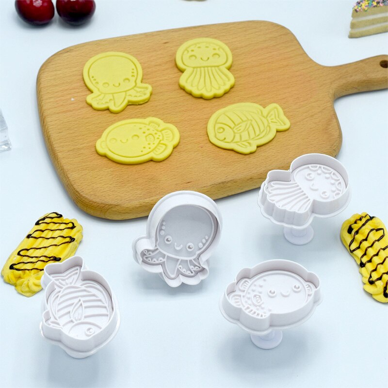 4pcs Ocean Cookie Cutter Jellyfish Seahorse Clownfish Octopus Starfish Fondant Stamp Baking Mold Ocean Theme Cake Decor Tool