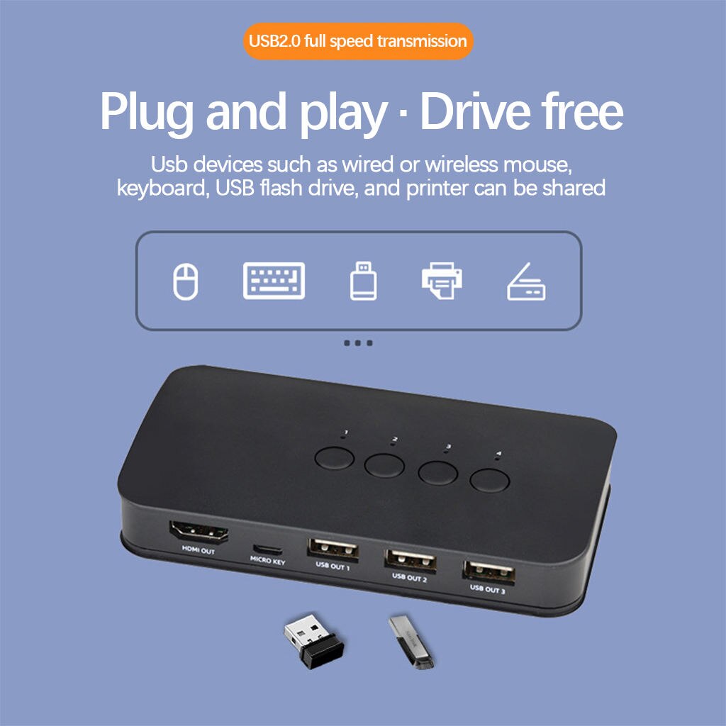 KVM Switch 4 Port Box for 4 Computers Sharing, Two Switching Modes, HD Visual Enjoyment